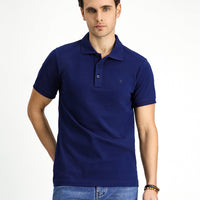 Orta Lacivert Slim Fit Dar Kesim Pamuk Kıvrılmaz Polo Yaka Tişört