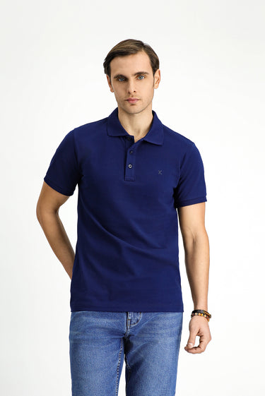 Orta Lacivert Slim Fit Dar Kesim Pamuk Kıvrılmaz Polo Yaka Tişört