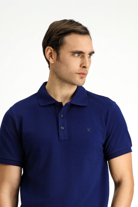 Medium Navy Slim Fit Narrow Cut Cotton Non-Wrinkle Polo Collar T-Shirt
