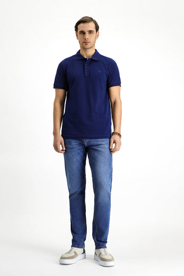 Orta Lacivert Slim Fit Dar Kesim Pamuk Kıvrılmaz Polo Yaka Tişört