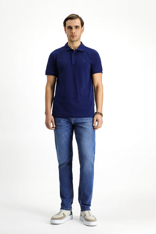 Orta Lacivert Slim Fit Dar Kesim Pamuk Kıvrılmaz Polo Yaka Tişört