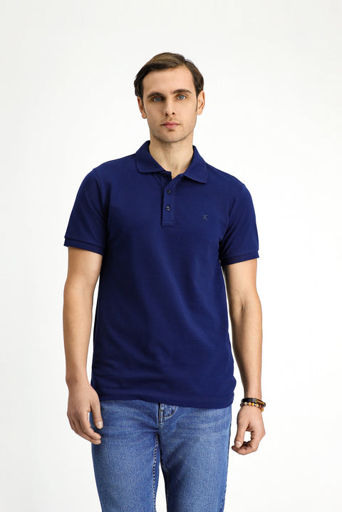 Medium Navy Slim Fit Narrow Cut Cotton Non-Wrinkle Polo Collar T-Shirt