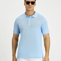 Açık Mavi Slim Fit Dar Kesim Pamuk Kıvrılmaz Polo Yaka Tişört