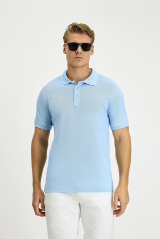 Açık Mavi Slim Fit Dar Kesim Pamuk Kıvrılmaz Polo Yaka Tişört