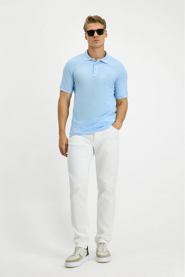 Açık Mavi Slim Fit Dar Kesim Pamuk Kıvrılmaz Polo Yaka Tişört