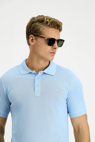 Açık Mavi Slim Fit Dar Kesim Pamuk Kıvrılmaz Polo Yaka Tişört
