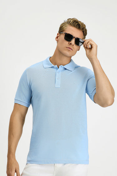 Açık Mavi Slim Fit Dar Kesim Pamuk Kıvrılmaz Polo Yaka Tişört