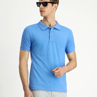Havacı Mavi Slim Fit Dar Kesim Pamuk Kıvrılmaz Polo Yaka Tişört