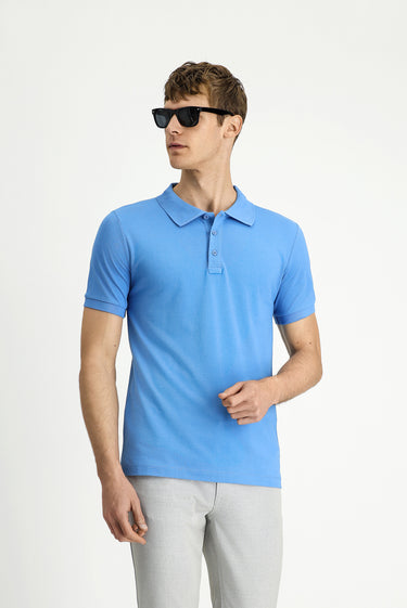 Havacı Mavi Slim Fit Dar Kesim Pamuk Kıvrılmaz Polo Yaka Tişört