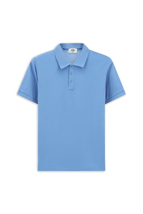 Havacı Mavi Slim Fit Dar Kesim Pamuk Kıvrılmaz Polo Yaka Tişört