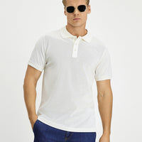 Ekru Slim Fit Dar Kesim Pamuk Kıvrılmaz Polo Yaka Tişört