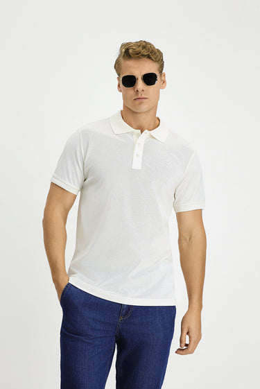 Ekru Slim Fit Dar Kesim Pamuk Kıvrılmaz Polo Yaka Tişört