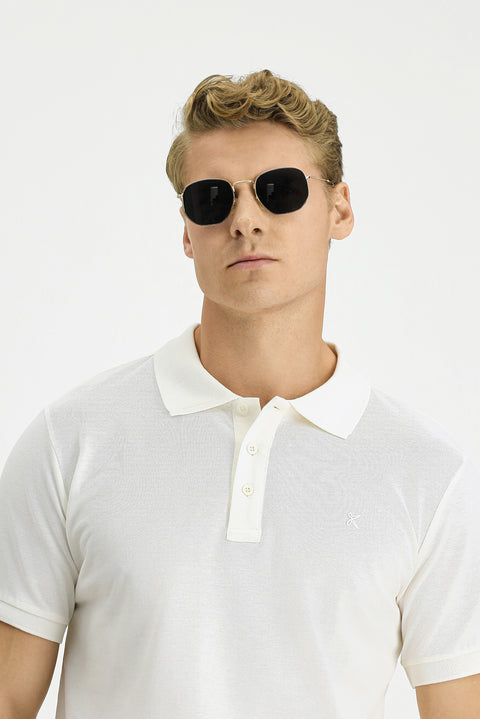 Ekru Slim Fit Dar Kesim Pamuk Kıvrılmaz Polo Yaka Tişört