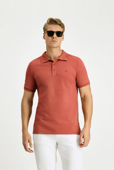 Kiremit Slim Fit Dar Kesim Pamuk Kıvrılmaz Polo Yaka Tişört