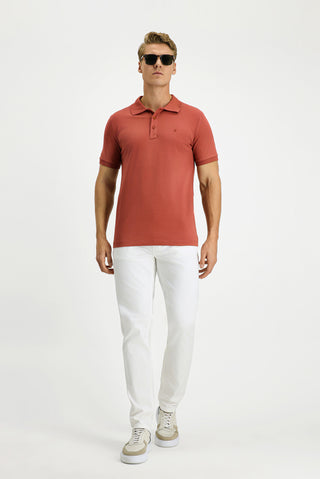 Kiremit Slim Fit Dar Kesim Pamuk Kıvrılmaz Polo Yaka Tişört