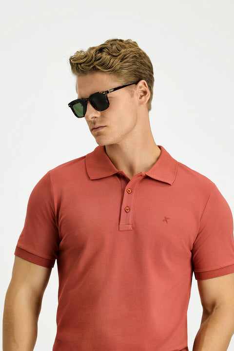 Kiremit Slim Fit Dar Kesim Pamuk Kıvrılmaz Polo Yaka Tişört
