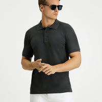 Koyu Antrasit Slim Fit Dar Kesim Pamuk Kıvrılmaz Polo Yaka Tişört