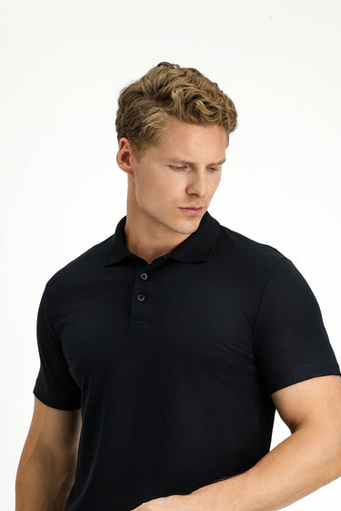 Siyah Slim Fit Dar Kesim Nakışlı Pamuklu Polo Yaka Tişört