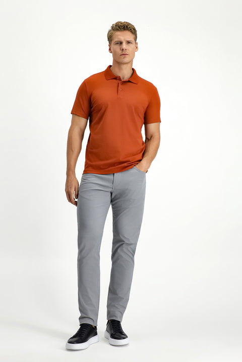 Tile-colored Slim Fit Embroidered Cotton Polo Shirt