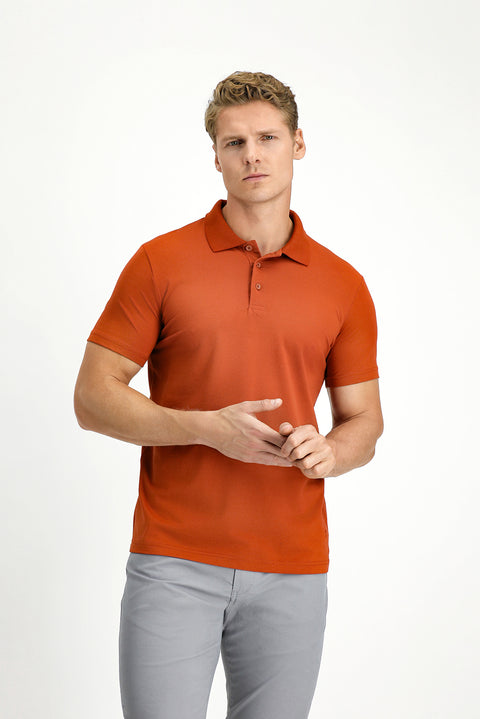Tile-colored Slim Fit Embroidered Cotton Polo Shirt