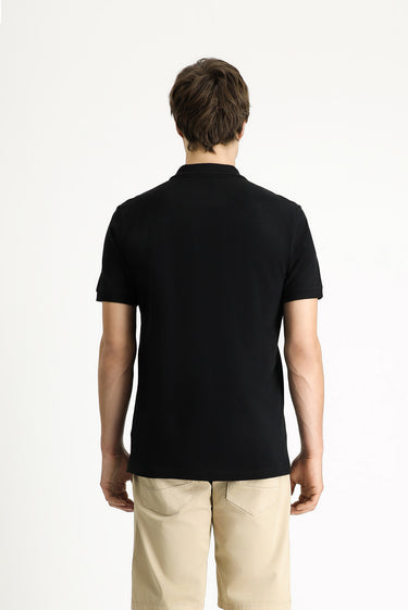 Siyah Polo Yaka Slim Fit Dar Kesim Nakışlı Pamuk Tişört