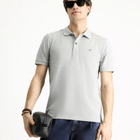 Orta Gri Polo Yaka Slim Fit Dar Kesim Nakışlı Pamuk Tişört
