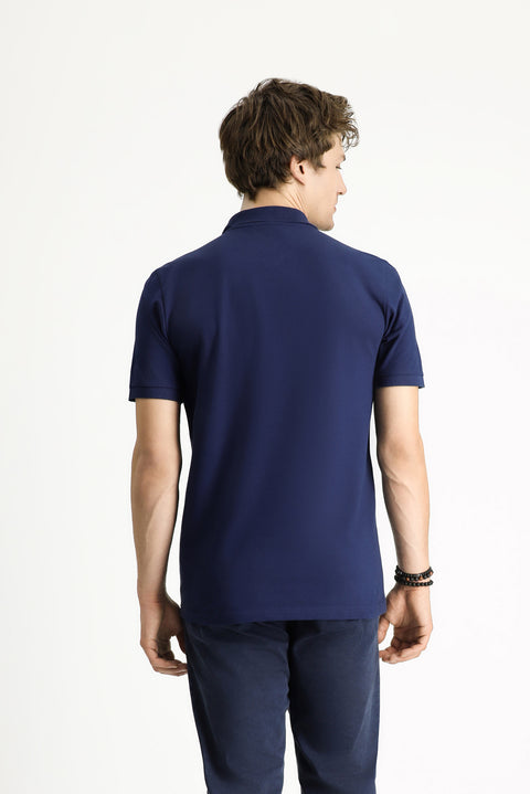 Orta Lacivert Polo Yaka Slim Fit Dar Kesim Nakışlı Pamuk Tişört