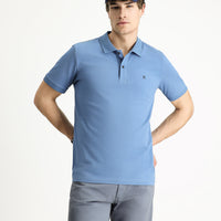 Havacı Mavi Polo Yaka Slim Fit Dar Kesim Nakışlı Pamuk Tişört