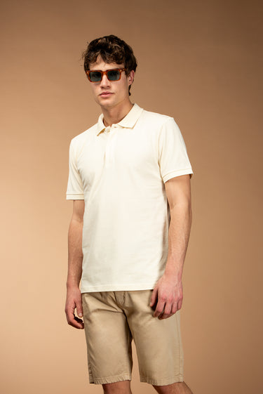 Krem Polo Yaka Slim Fit Dar Kesim Nakışlı Pamuk Tişört