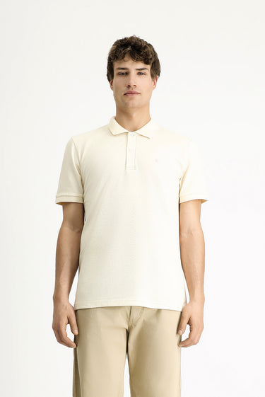 Krem Polo Yaka Slim Fit Dar Kesim Nakışlı Pamuk Tişört