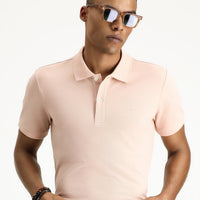 Toz Pembe Polo Yaka Slim Fit Dar Kesim Nakışlı Pamuk Tişört