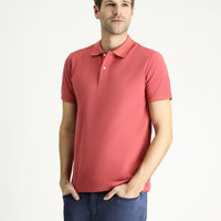 Açık Kırmızı Polo Yaka Slim Fit Dar Kesim Nakışlı Pamuk Tişört