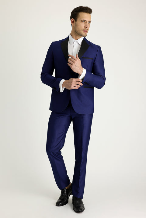 Lacivert 7 Drop Slim Fit Dar Kesim Mono Yaka Desenli Smokin & Damatlık