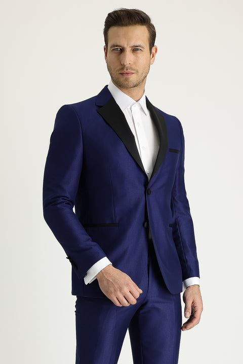 Lacivert 7 Drop Slim Fit Dar Kesim Mono Yaka Desenli Smokin & Damatlık