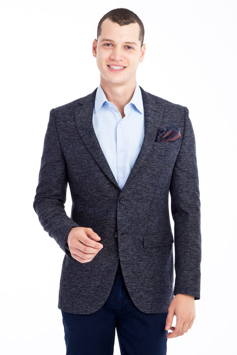 Navy Blue 8 Drop Long Slim Fit Patterned Jacket