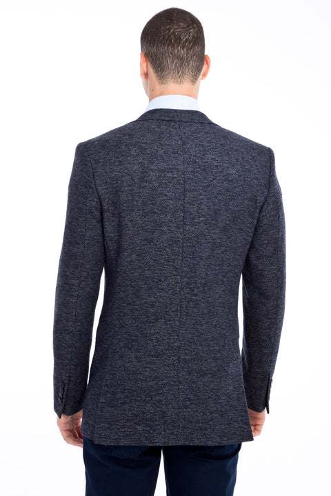 Navy Blue 8 Drop Long Slim Fit Patterned Jacket