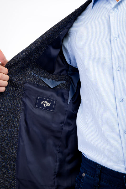 Navy Blue 8 Drop Long Slim Fit Patterned Jacket