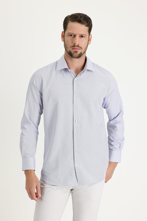 Lacivert Uzun Kol Slim Fit Dar Kesim Desenli Pamuklu Gömlek