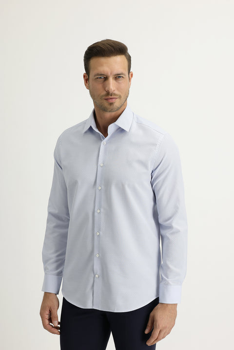 Açık Mavi Uzun Kol Slim Fit Dar Kesim Desenli Gömlek