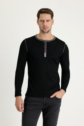  Siyah Düğmeli Yaka Slim Fit Dar Kesim Yünlü Triko Kazak