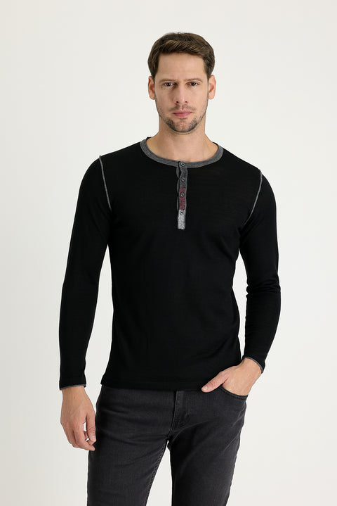 Siyah Düğmeli Yaka Slim Fit Dar Kesim Yünlü Triko Kazak