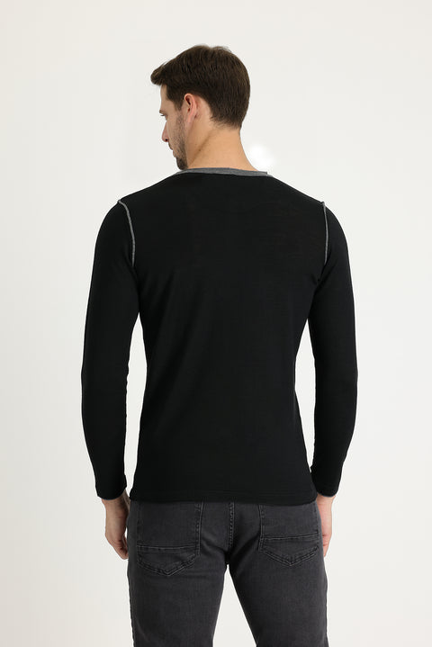 Siyah Düğmeli Yaka Slim Fit Dar Kesim Yünlü Triko Kazak