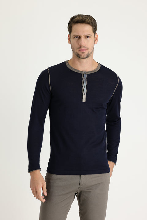 Lacivert Düğmeli Yaka Slim Fit Dar Kesim Desenli Yünlü Triko Kazak