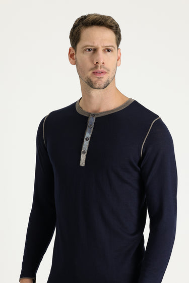 Lacivert Düğmeli Yaka Slim Fit Dar Kesim Desenli Yünlü Triko Kazak