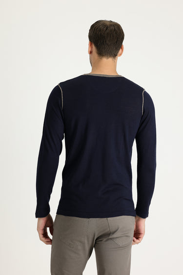 Lacivert Düğmeli Yaka Slim Fit Dar Kesim Desenli Yünlü Triko Kazak