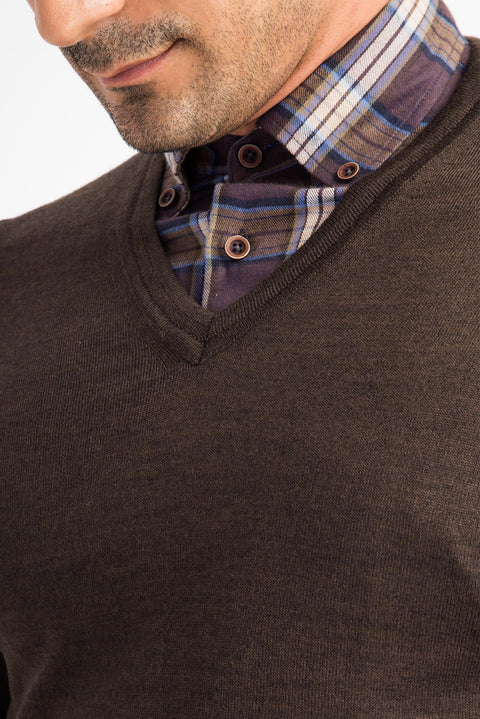 Kahve V Yaka Regular Fit Yünlü Triko Kazak