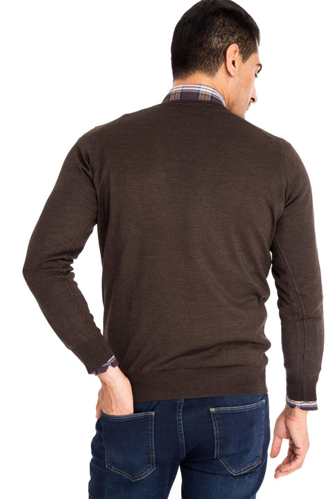 Kahve V Yaka Regular Fit Yünlü Triko Kazak