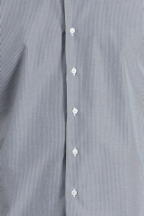 Koyu Lacivert Uzun Kol Slim Fit Dar Kesim Klasik Çizgili Pamuklu Kolay Ütülenebilir Gömlek