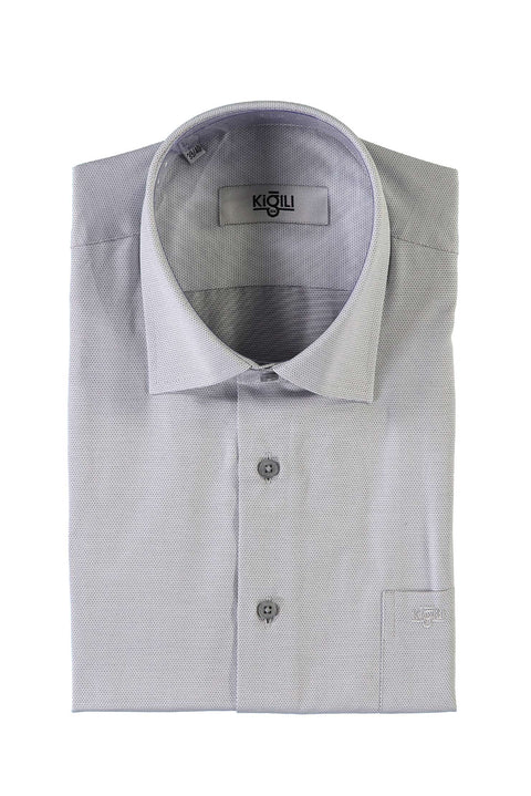 Açık Gri Kısa Kol Desenli Klasik Gömlek