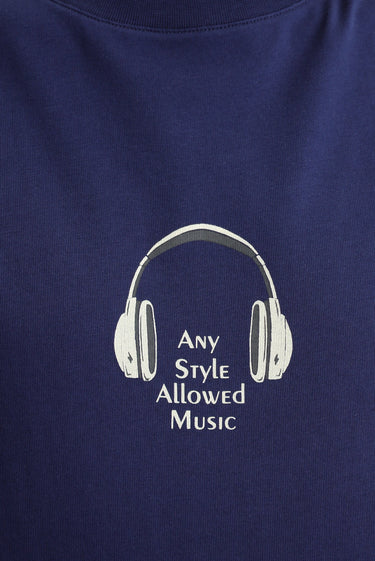 Orta Lacivert Bisiklet Yaka Oversize Baskılı Süprem Pamuk Tişört